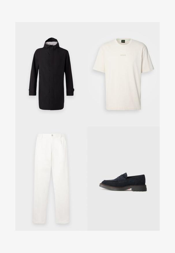 Mustmust coat kõrge kaelusega, pikkade varrukatega ja sirge lõikega. Omab eest lukku ja külje taskuid. Interjööril on mustriga vooder.; BOSS TEE - Lihtne T-särk - open white; Valged püksid, mis on valmistatud siledast kangast, sirge jala disainiga, ees olevate voldidega ja ühekordse nupuga vöökohtadel.; Tumed sinine nahast loafers ümmarguse varbaga, dekoratiivse õmblusega ja kummist tallaga, millel on kerge tõus. Vastupidav materjal ja disain.