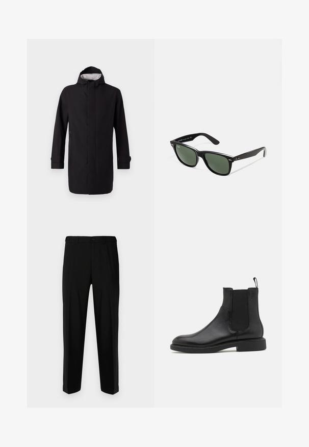 Cappotto impermeabile nero con colletto alto, maniche lunghe e taglio dritto. Presenta una zip frontale e tasche laterali. L'interno ha una fodera a fantasia.; Polo a maniche lunghe marrone con colletto e polsini crema, patta con bottoni e logo circolare "Prohibited Berlin" sul lato sinistro del petto.; Pantaloni neri realizzati in tessuto liscio, con una vestibilità dritta, due tasche frontali e una chiusura con zip e bottone.; Stivale alla caviglia in pelle nera con texture liscia, pannelli laterali elastici e una linguetta per il tallone. Punta rotonda e suola piatta in gomma con minimo battistrada.; Occhiali da sole in plastica nera con lenti verdi, montatura quadrata, dettaglio argento sulla parte superiore e steli con texture. Marchio indicato sulla parte interna dello stelo.