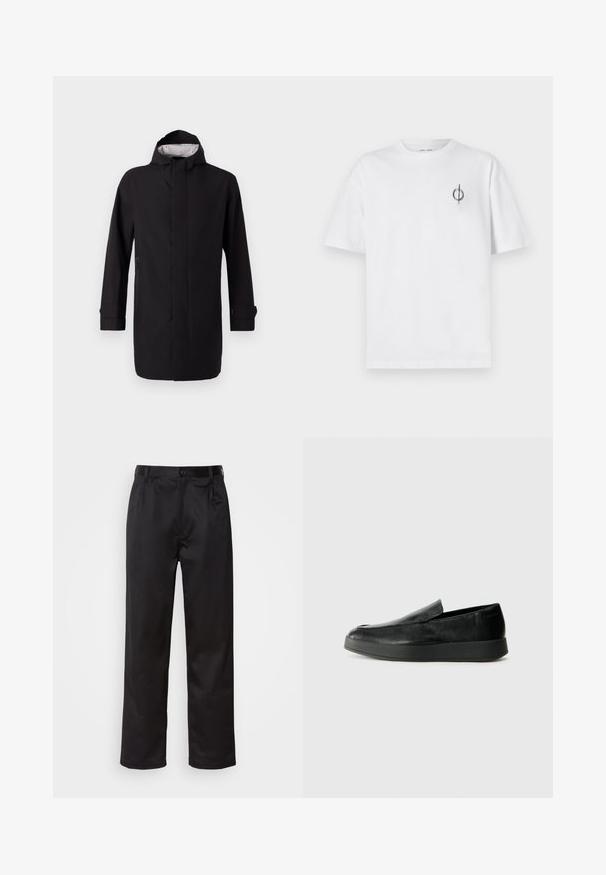 Manteau noir imperméable avec un col montant, des manches longues et une coupe droite. Il présente une fermeture éclair à l'avant et des poches latérales. L'intérieur est doublé avec un motif.; T-shirt en coton blanc avec une coupe décontractée, présentant un petit logo graphique noir sur le côté gauche de la poitrine. Manches courtes, col rond.; Pantalon noir en tissu lisse, avec une fermeture à bouton sur le devant, des plis et des jambes droites. Aucun motif ou accent visible.; Calvin Klein HYBRID CUP - Chaussons - triple black