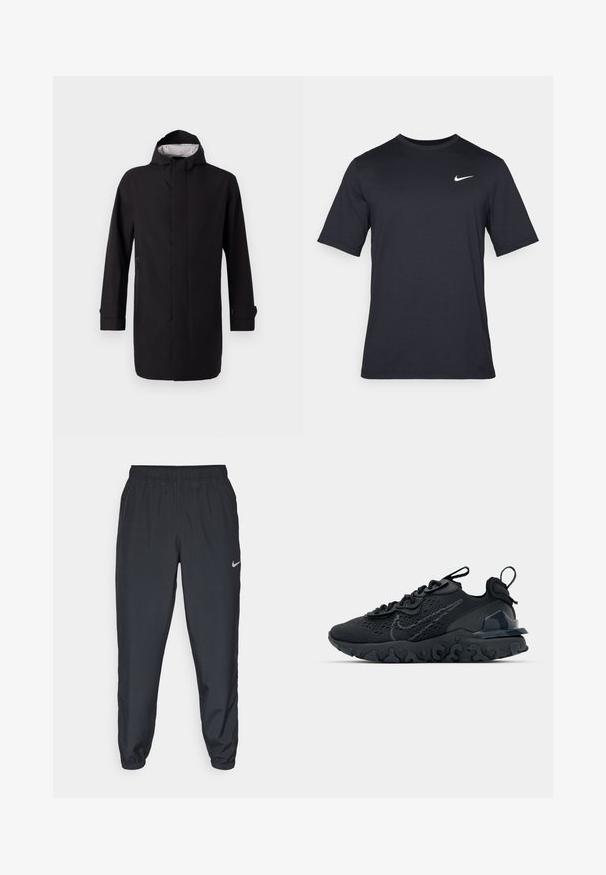 Schwarzer wasserdichter Mantel mit hohem Kragen, langen Ärmeln und geradem Schnitt. Verfügt über einen Frontreißverschluss und Seitentaschen. Innenfutter mit Muster.; Schwarzes, kurzärmliges Nike-T-Shirt aus glattem Material, mit einem weißen Swoosh-Logo auf der oberen linken Seite und Rundhalsausschnitt.; Schwarze Trainingshose aus einem leichten Stoff mit elastischem Bund, Knöchelabschlüssen und einem dezenten Nike-Logo auf der linken Seite.; Schwarzer Sportschuh mit atmungsaktivem Mesh-Obermaterial, strukturierten Akzenten und einer wellenförmigen Gummisohle. Verfügt über ein reflektierendes Logo und ein Schnürsystem.