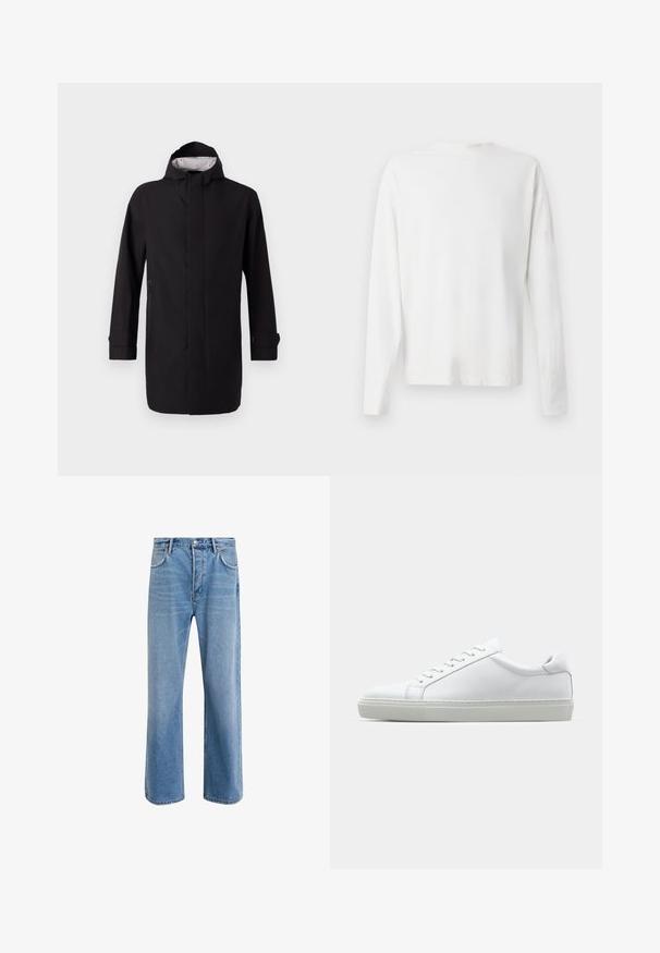 Caban negru impermeabil cu guler înalt, mâneci lungi și croi drept. Dispune de un fermoar frontal și buzunare laterale. Interiorul are căptușeală cu un model.; Cămașă albă din bumbac cu mâneci lungi, decolteu rotund, fante pe laterale la baza, cu o textură netedă, expusă din spate.; Jeans din denim bleu deschis cu un design drept, cinci buzunare, închidere cu buton, decolorare minimă și detalii de cusătură în contrast.; Adidași albi cu o suprafață din piele netedă și un profil jos. Au un vârf rotunjit, șase orificii pentru șireturi și o talpă din cauciuc texturată.