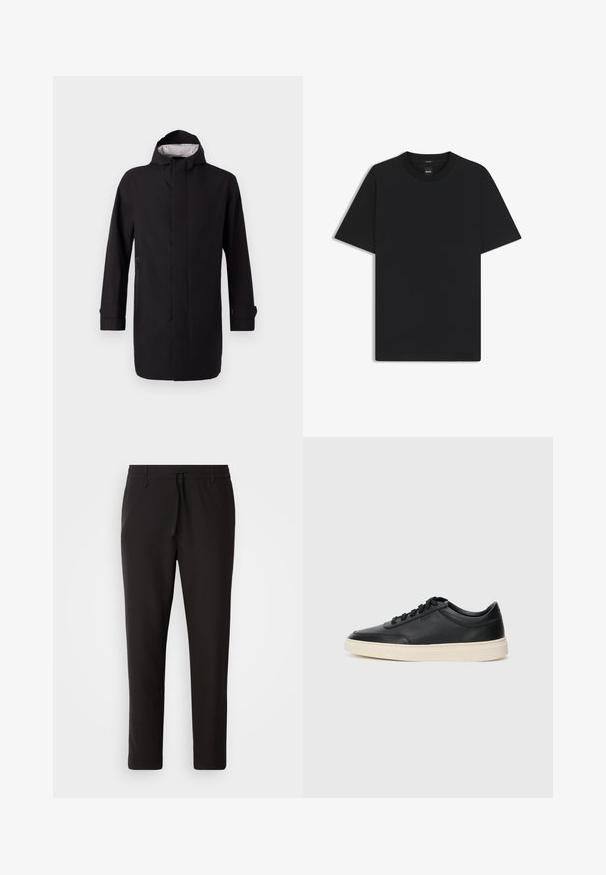 Manteau noir imperméable avec un col montant, des manches longues et une coupe droite. Il présente une fermeture éclair à l'avant et des poches latérales. L'intérieur est doublé avec un motif.; T-shirt noir à manches courtes en coton mélangé doux, avec un col rond et un design minimaliste sans motifs ni accents.; Pantalons de jogging noirs en tissu lisse. Dotés d'une taille élastique avec cordon de serrage, jambes fuselées, et sans poches visibles. Design simple.; Baskets en cuir noires à tiges basses avec lacets noirs et semelle ivoire, présentées en profil latéral sur fond blanc.