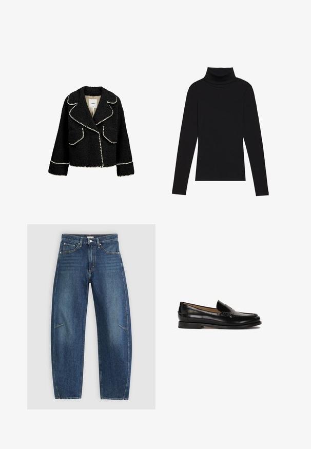 Juodas švarkas, pagamintas iš tekstūruoto audinio su baltu apvadu. Jame yra apykaklė su lapeliu, dvi priekinės kišenės ir trumpas dizainas.; Juoda turtleneko ilgo rankovės viršutinė dalis, pagaminta iš raukšlėtos medžiagos, turi prigludusią formą, aukštą apykaklę ir neturi jokių raštų ar akcentų.; Tamsiai mėlynos džinsinės kelnės su tiesiomis kojomis, turinčios priekinės kišenes, kontrastingą siuvimą ir subtilų pabandymą ant kojų.; Juodas odinis loafers stiliaus batelis su apvaliu nosimi, lengvai užsidedantis dizainas ir subtilūs siuvinėjimo detalės viršuje. Lygus guminis padas.