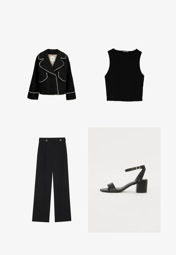 Black jacket made of textured fabric with white trim. Features include a lapel collar, two front pockets, and a cropped design.; Black sleeveless crop top made of smooth fabric, featuring a round neck and a clean, simple design without patterns or hardware.; Black wide-leg trousers with high waist, button details on waistband, and front pleats.; Black heeled sandal featuring a smooth leather upper, an open toe, wide front straps, and adjustable ankle strap with a gold buckle detail.