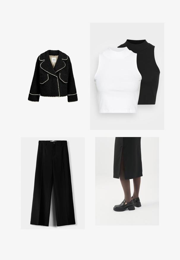 Schwarze Jacke aus strukturiertem Stoff mit weißen Akzenten. Zu den Merkmalen gehören ein Reverskragen, zwei Vordertaschen und ein cropped Design.; Zwei ärmellose, gerippte Rollkragenoberteile in Schwarz und Weiß, mit einer figurbetonten Passform und glatter Textur sowie einer cropped Länge.; Schwarze weite Hosen aus leichtem Stoff, mit einem Knopfverschluss vorne und flachem Bund, mit sorgfältig genähten Säumen.; Schwarze Lederschuhe mit abgerundetem Zeh, dicker Blockabsatz und elastischen seitlichen Akzenten, kombiniert mit dunklen Strumpfhosen und einem schwarzen Rock mit Schlitz.