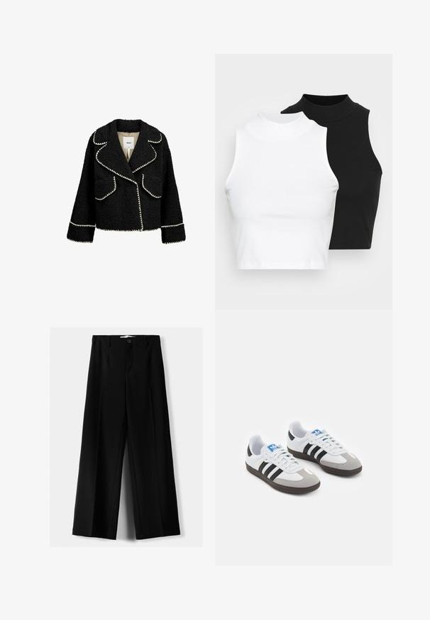 Zwarte jas van textuurstof met witte accenten. Kenmerken zijn onder meer een reverskraag, twee voorkruiken en een cropped ontwerp.; Twee mouwloze ribgebreide coltruien in zwart en wit, met een slim fit ontwerp en een gladde textuur, met een cropped lengte.; Zwarte wijde broek van lichtgewicht stof, met een knoopsluiting aan de voorkant en een vlakke achterkant, afgewerkt met keurig gestikte zoom.; Sportschoenen met een witte leren bovenkant, grijze suède neus en drie zwarte strepen. Bevat een blauw logo op de tong en een gestructureerde rubberen zool.