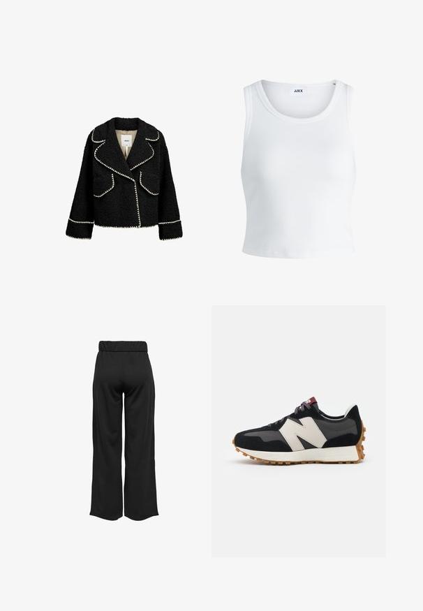 Schwarze Jacke aus strukturiertem Stoff mit weißen Akzenten. Zu den Merkmalen gehören ein Reverskragen, zwei Vordertaschen und ein cropped Design.; Weißes, geripptes Tanktop mit rundem Halsausschnitt, ärmellosem Design und kurzer Länge. Das Etikett trägt die Aufschrift "JJXX". Glatte Stoffstruktur.; Schwarze, weit geschnittene Hose mit elastischem Bund, aus glattem Stoff gefertigt. Hat ein cleanes Design ohne Taschen oder sichtbare Nähte.; Schwarze und graue Wildledersneaker mit einem großen cremefarbenen "N"-Logo, lila Schnürsenkeln und einer strukturierten Gummisohle.