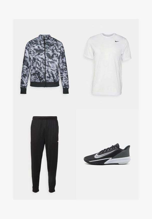 Gray camouflage zip-up jacket with a stand collar, black cuffs and waistband, featuring a smooth texture and subtle geometric patterns.; White short-sleeve t-shirt made of smooth fabric. Features a round neck and a small black Nike logo on the left chest.; Black athletic pants made of smooth fabric, featuring an elastic waistband, tapered legs, and a small white logo on the left side.; Black athletic shoe with a textured upper, white accents, and a cushioned sole; features a streamlined design and visible traction pattern.