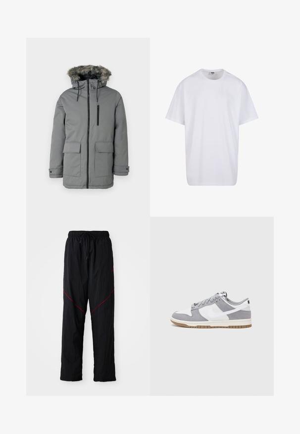 Gray padded parka jacket with a faux fur-lined hood, front zip closure, two large front pockets, and a zippered chest pocket.; White cotton t-shirt with short sleeves, rounded neckline, relaxed fit, and no visible logos or patterns. Smooth texture and minimal design.; Black athletic pants with a textured finish, featuring a drawstring waist, red accent lines, and a loose fit.; Gray and white sneaker with a suede and leather upper, rounded toe, flat laces, and a rubber sole featuring a gum accent.