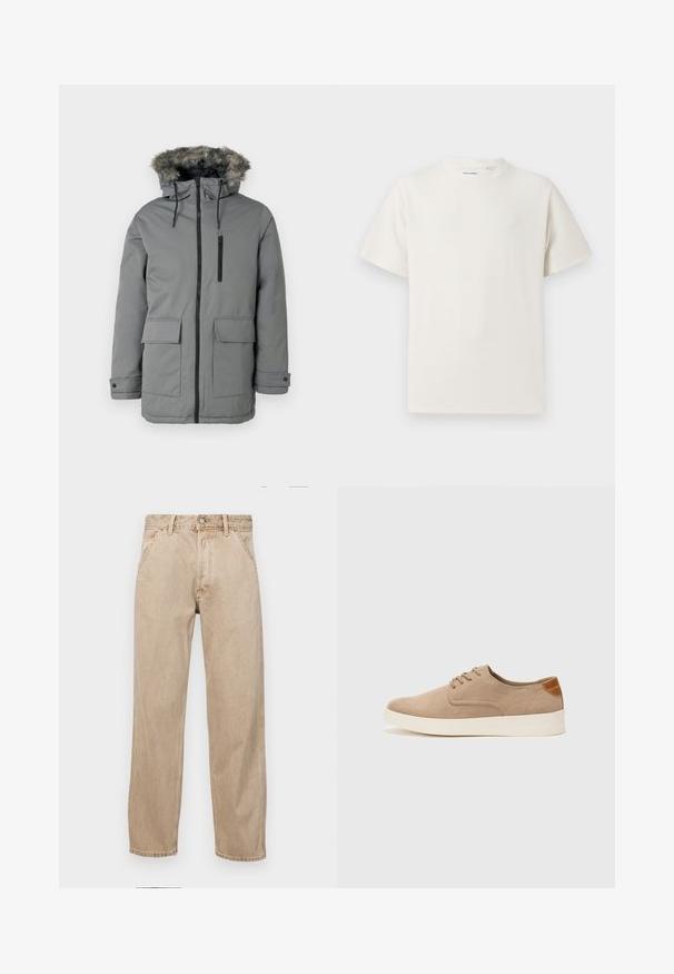 Siva podložena parka jakna z umetno krznenim kapuco, sprednjim zadrgo, dvema velikima sprednjima žepoma in žepom na prsih z zadrgo.; Bela majica s kratkimi rokavi iz rebraste tkanine. Okrogli izrez, sproščen kroj, brez vidnih vzorcev ali naglasov. Preprosta in vsestranska zasnova.; Beige jeans iz džinsa s ravnim nogavicama, ki imajo sprednje žepe, kovinsko zapiranje in subtilno teksturo.; Bež tkanine usnjene superge z zaobljenim nosom, vezalkami na sprednji strani in teksturiranim zadnjim detajlom. Belo gumijasto podplato zagotavlja kontrast. Enostaven in sodoben dizajn.
