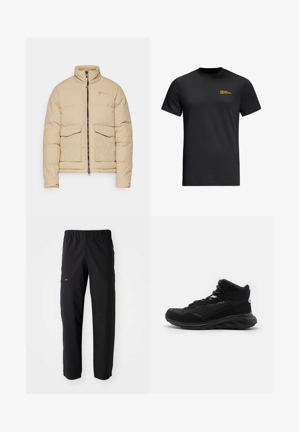 Doudoune matelassée beige avec un col montant, fermeture éclair et deux poches à rabat à l'avant. Texture lisse et design léger.; T-shirt en coton noir à manches courtes avec un petit logo jaune "Jack Wolfskin" sur la zone gauche de la poitrine. Design standard à col rond.; Jack Wolfskin PRELIGHT TRAIL PANTS - Pantalons outdoor - black; Baskets de randonnée montantes noires avec une tige en maille et synthétique, surface texturée, semelle rembourrée et lacets contrastés. Présente un accent de logo.