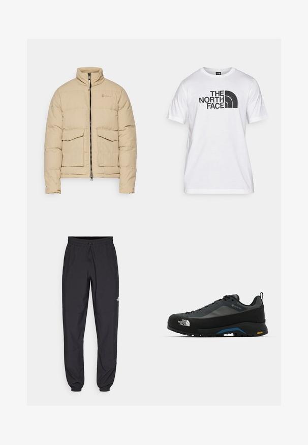 Giacca imbottita trapuntata beige con colletto alto, chiusura con zip e due tasche anteriori con pattina. Texture liscia e design leggero.; T-shirt bianca in cotone con stampa grafica nera che presenta testo e un design del logo curvo. Collo rotondo e maniche corte. Texture semplice.; Pantaloni sportivi neri realizzati in tessuto leggero, con vita regolabile con cordino, tasche laterali e orli affusolati alle caviglie.; The North Face VERTO ALPINE GORE TEX - Scarpa da hiking - asphalt grey/tnf black