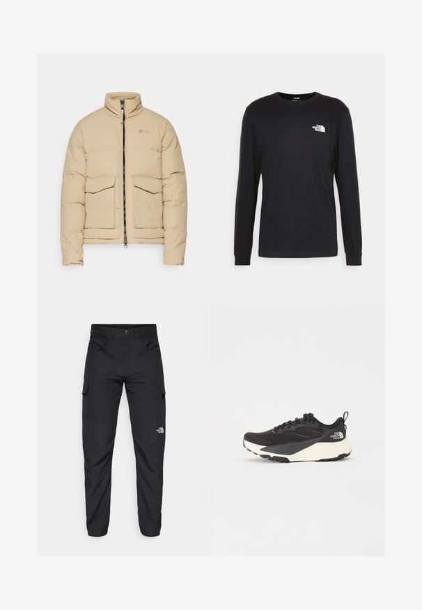 Doudoune matelassée beige avec un col montant, fermeture éclair et deux poches à rabat à l'avant. Texture lisse et design léger.; T-shirt à manches longues noir en coton, avec un logo blanc sur la poitrine gauche et des poignets côtelés. Texture lisse avec un col rond.; The North Face HORIZON PANT - Pantalons outdoor - black; Chaussure de sport noire avec une tige en mesh texturé, accents noirs solides et semelle extérieure légère blanche. Dispose d'un système de laçage et d'une tirette.