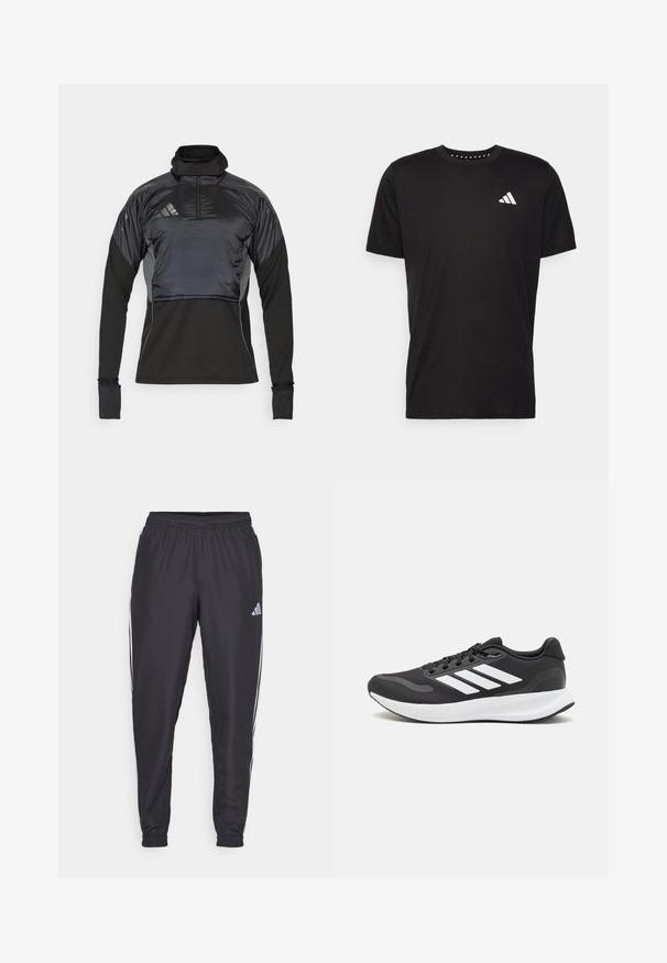 Must-valge spordipusa kõrge kraega, poolel zippiga esiosal ja kontrastse läikiva materjaliga õlgadel. Omab pikkade varrukate ja keha vastavaid mansette.; Must must ka t-särk lühikeste varrukatega, ümmarguse kaelusega ja valge logoga vasakul rinnal. Sile tekstuur ja lihtne disain.; Mustad musthantsihed, millel on elastne vöökoht, valgete triipudega külgedel ja väike logo puusal. Sujuv tekstuur.; Mustmust valmistatud õhulise võrgu ülemise osa, valgete aktsentidega ja pehme tallaga must sportlik king. Küljel on kolm triipu kujutav logo.