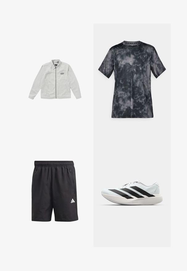 Lys grå zip-up jakke med krave, to frontlommer og broderet logo på brystet. Delt materiale, glat tekstur.; Kortærmet t-shirt i mørkegrå med et sky-lignende mønster, lavet af et glat, let stof. Har rund hals og logo detalje.; Sorte træningsshorts med elastisk talje, sidelommer med lynlås, og et hvidt logo på venstre ben. Letvægts, glat tekstur.; Letvægtige løbesko i lys blå med sorte striber. Har en glat overdel, rund tå og tyk hvid mellemsål mærket "LIGHTSTRIKE PRO."