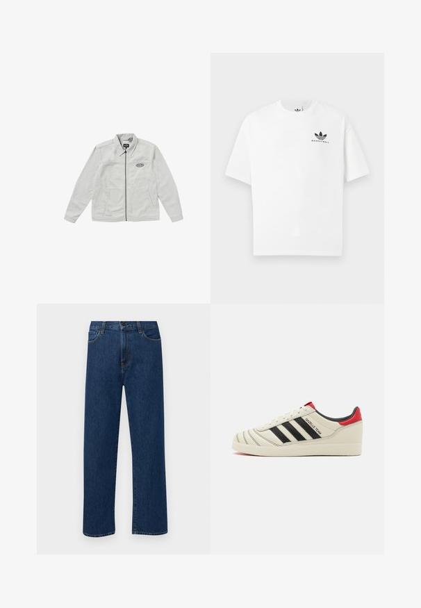 Jaqueta cinza claro com fecho zip e gola, duas bolsos frontais e logótipo bordado no peito. Material de algodão, textura suave.; T-shirt de algodão branco com mangas curtas, apresentando um logótipo preto "BASKETBALL" e o icónico design de três riscas na parte da frente.; Jeans de denim azul escuro, de perna reta, com bolsos frontais e fecho de botão, exibidos sobre um fundo branco liso.; Tênis de couro creme com riscas pretas, detalhes em vermelho no calcanhar e texturas. Possui sola de borracha e fecho com atacadores.