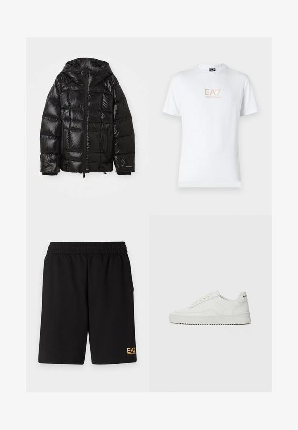 Svart puffjacka med glänsande yta, utrustad med huva, zip-stängning och elastiska muddar. Boxig design med sömmar och vadderade sektioner.; Vit bomull t-shirt med rund halsringning och korta ärmar, med en guld EA7 Emporio Armani-logotyp tryckt på framsidan.; Svarta träningsshorts i mjukt tyg, med ett elastiskt midjeband och en liten gul EA7-logotyp på nedre vänstra benet.; Vita lädersneakers med en jämn yta, rund tå, platta snörningar och en strukturerad sula. Har en diskret logotyp på hälen.