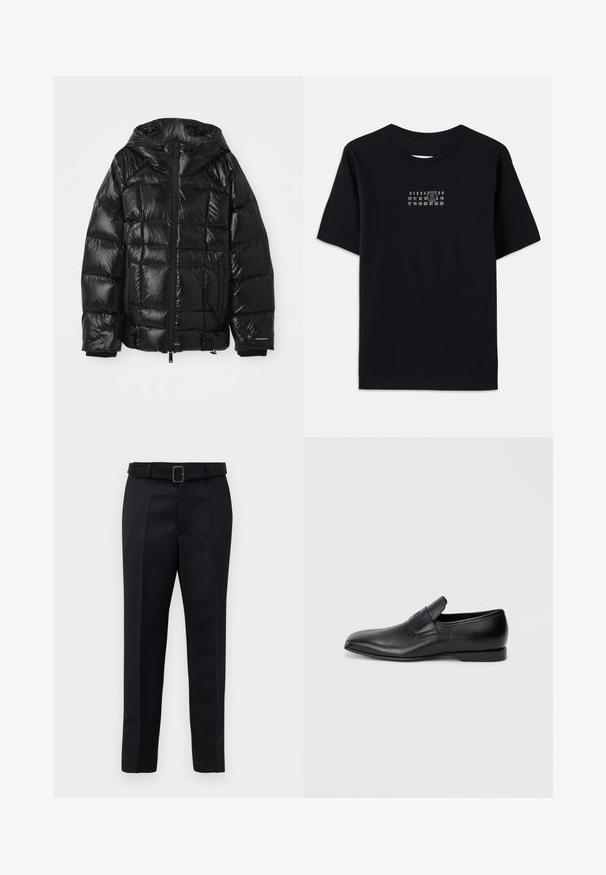 Black puffer jacket with a glossy finish, featuring a hood, zip closure, and elastic cuffs. Boxy design with stitched padded sections.; Black cotton t-shirt with short sleeves and round neck. Features a white numerical print with a stylized '6' across the chest.; Black tailored trousers feature a smooth fabric, straight cut, and a belted waist with a rectangular buckle. Notable front creases enhance the design.; Black leather slip-on shoe with a pointed toe, smooth texture, and subtle branding on the side. Low heel with a clean, minimal design.