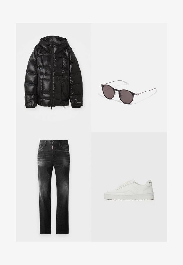 Schwarze Daunenjacke mit glänzender Oberfläche, ausgestattet mit Kapuze, Reißverschluss und elastischen Bündchen. Boxy-Design mit genähten gepolsterten Abschnitten.; Schwarzes Baumwoll-T-Shirt mit Rundhalsausschnitt, kurzen Ärmeln und dem "EMPORIO ARMANI"-Logo in Weiß über dem geschwungenen Schriftzug "Milano".; Schwarze Jeans aus Denim mit geradem Schnitt. Verfügt über ausgebleichte Bereiche, leichte Abnutzung, klassisches Fünf-Taschen-Design und einen Knopfverschluss.; Weiße Ledersneaker mit glatter Oberfläche, runder Zehenpartie, flachen Schnürsenkeln und strukturiertem Sohlenprofil. Mit einem dezenten Logo an der Ferse.; Schwarze runde Sonnenbrille mit dunklen Gläsern und schlanken Metallbügeln. Enthält klare Tempelspitzen und silberne Akzente am Scharnier. Minimalistisches Design.