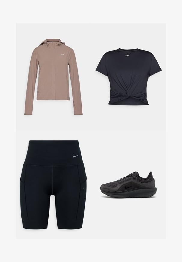 Nike Performance SWIFT - Vindjacka - mink brown/reflective silver; Svart atletisk t-shirt i mjukt tyg, med en knuten framdesign och en liten vit Nike-logga på bröstet.; Svarta högmidjade träningsshorts gjorda av elastiskt material; har sidofickor och en liten Nike-logotyp på midjebandet.; Svart idrottssko med quiltad ovandel, strukturerade detaljer och en dämpad sula. Har en framträdande Nike-logotyp och slitstark sula.