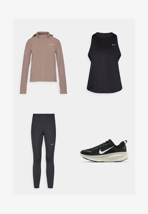 Nike Performance SWIFT - Vjetrovka - mink brown/reflective silver; Crni bezrukavni trkački majica od laganog materijala s okruglim izrezom; ima suptilan logotip i bočne proreze za prozračnost.; Crne tajice izrađene od rastezljivog materijala, s visokim strukom i bijelim Nike logotipom na lijevom bedru. Glatka tekstura, dizajn koji prati obline.; Crne Nike trkačke tenisice s prozračnom mrežastom gornjom konstrukcijom, bijelim swoosh logotipom, teksturiranim detaljima i kremastom ZoomX srednjom potplatnom jedinicom.