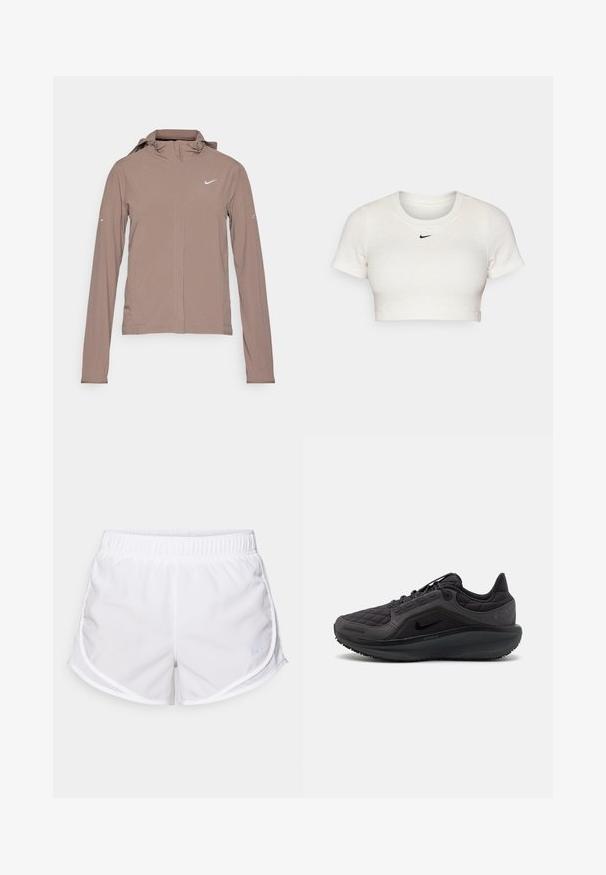 Nike Performance SWIFT - Veste coupe-vent - mink brown/reflective silver; T-shirt blanc court en tissu côtelé avec des manches courtes et un col rond ; présente un petit logo Nike noir sur la poitrine.; Shorts de sport blancs fabriqués en tissu léger et respirant. Équipés d'une taille élastique et de panneaux latéraux en maille, avec un petit accent de logo bleu.; Chaussure de sport noire avec un dessus matelassé, des accents texturés et une semelle rembourrée. Caractérisée par un logo Nike bien visible et une semelle extérieure durable.