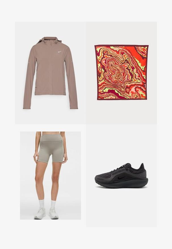 Nike Performance SWIFT - Vindjacka - mink brown/reflective silver; Svart långärmad croptopp som matchas med åtsittande mörkgrå leggings. Toppens design är enkel; leggings har sid sömmar och en jämn textur.; lululemon SWIFT SPEED HIGH-RISE 15CM - Korta löptajts - warm ash grey; Svart idrottssko med quiltad ovandel, strukturerade detaljer och en dämpad sula. Har en framträdande Nike-logotyp och slitstark sula.; Silkesquare scarf med ett livligt abstrakt mönster i rött, rosa och grönt, kantad med en djup bourgogne trim.