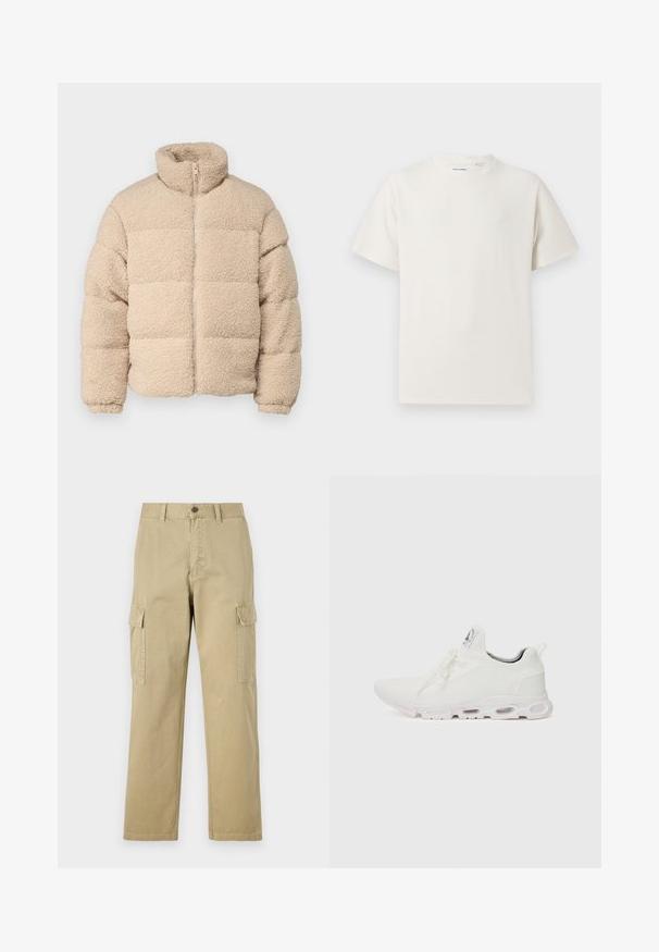 Jack & Jones JORCAMP mleczny; Biała krótka koszulka z krótkim rękawem o żebrowanej fakturze. Okrągły dekolt, luźny krój, brak widocznych wzorów lub akcentów. Prosty i uniwersalny design.; Beżowe spodnie cargo wykonane z bawełny, z dwoma bocznymi kieszeniami, z zapięciem na guzik oraz prostymi nogawkami z lekko teksturowanej tkaniny.; Białe buty sportowe z teksturowaną cholewką z dzianiny, płaskimi sznurowadłami oraz wyściełaną podeszwą z widocznymi komorami powietrznymi dla dodatkowego wsparcia.