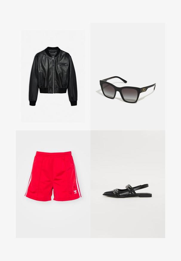 Zwarte leren bomberjack met een rits aan de voorkant, geribbelde kraag en manchetten, zijzakken en een klein borstzakje. Glad textuur met een getailleerd ontwerp.; Witte top met korte mouwen in een relaxed fit, met een geraffineerd ruches ontwerp bij de taille en een gladde stoftextuur. Label: Anna Field.; Rode sportieve shorts met een elastische tailleband, voorzien van witte zijstreepjes en een geborduurd logo aan de onderste linkerkant. Glad textuur.; Even&Odd Ballerina's - black; Zwarte zonnebril met rechthoekige monturen en gradient lenzen. Bevat een gouden "DG" logo op de poot. Gemaakt van glad plastic materiaal.; Zwarte leren schoudertas met een gebogen vorm, verstelbare schouderband, gouden hardware accenten en een gladde textuur.
