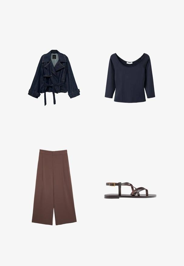Tmavomodrá džínová bunda so širokými klopami, opaskom v páse a remienkami na manžetách, vystavená na bielom pozadí.; Námornícky modré tričko s 3/4 rukávmi a širokým výstrihom do lodi, vyrobené z jemnej tkaniny. Má raglánové rukávy a rovný lem.; Hnedé nohavice so širokými nohavicami a hladkou textúrou, s vysokým pásom a prednými skladmi. Tkanina je ľahká a voľne sa pohybuje.; Hnedé kožené sandály s krížovými popruhmi, uzatváraním na pracku okolo členku a plochou podrážkou s minimálnymi ševmi.