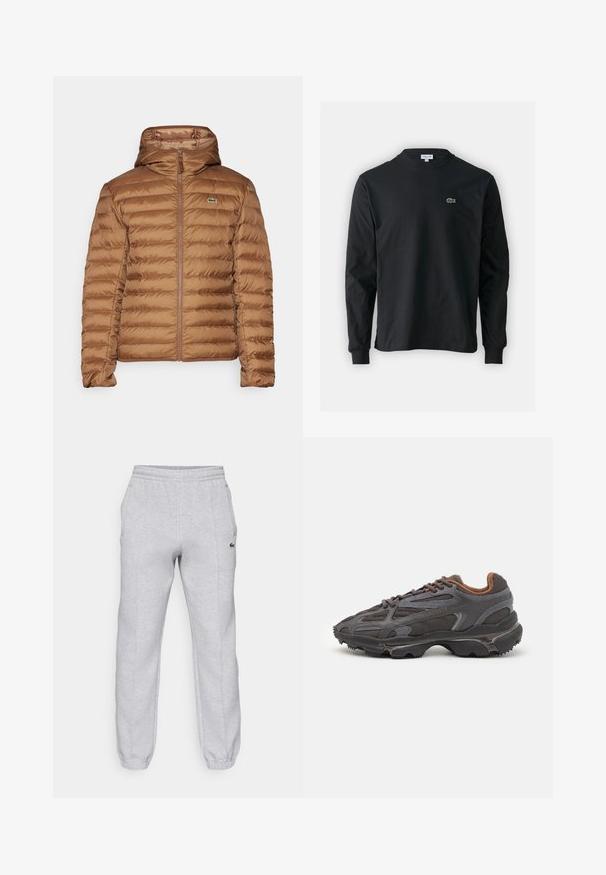 Rudas pūkinis švarkas su gobtuvu, pasižymintis siuvinėta struktūra ir pilnu užtrauktuku. Į komplektą įeina mažas siuvinėtas logotipas ant krūtinės.; Juodas ilgomis rankovėmis marškinėliai iš medvilnės, turintys apvalią iškirptę ir mažą žalią išsiuvinėtą krokodilo logotipą kairėje krūtinės pusėje.; Lacoste Treningo apatinė dalis - silver chine; Lacoste sportbačiai tamsiai pilki, pagaminti iš tinklinės ir sintetinių medžiagų, su tekstūruotu padu ir rudomis detalėmis ant apykaklės bei prekės ženklo.