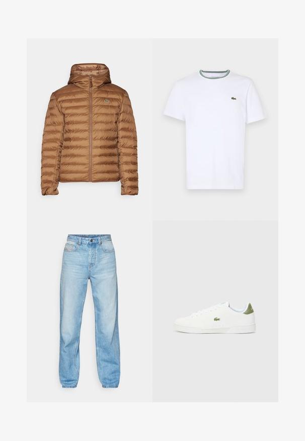 Brun puffjakke med hette, med quiltet design og hel glidelås. Inkluderer en liten brodert logo på brystet.; Hvit bomulls T-skjorte med korte ermer og ribbet krage som har grønne og svarte striper; liten grønn brodert logo på venstre bryst.; Lys blå jeans laget av denim, med rett snitt, fem-lommers design, og en synlig knappestolpe med kontraststing.; Hvite joggesko med en glatt tekstur, med en grønn detalj på hælen og en liten brodert krokodillelogo på siden.