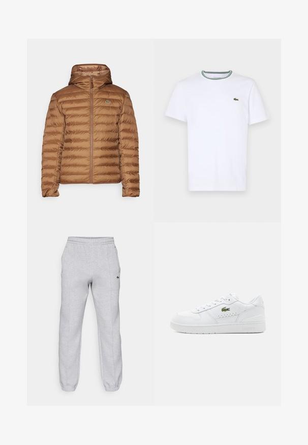 Bruine pufferjas met een capuchon, voorzien van een gestikte ontwerp en een volledige ritssluiting. Inclusief een klein geborduurd logo op de borst.; Witte katoen T-shirt met korte mouwen en een geribde kraag met groene en zwarte strepen; klein groen geborduurd logo op de linkerborst.; Lacoste Trainingsbroek - silver chine; Witte leren sneakers met geperforeerde accenten, platte veters en een klein groen logo aan de zijkant. Rubberen zool en gewatteerde kraag voor comfort.