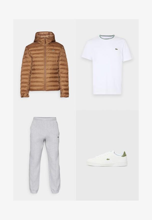 Rudas pūkinis švarkas su gobtuvu, pasižymintis siuvinėta struktūra ir pilnu užtrauktuku. Į komplektą įeina mažas siuvinėtas logotipas ant krūtinės.; Balta medvilninė trumpo rankovės marškinėliai su įsiūtu apykakle, dekoruota žaliais ir juodais dryžiais; mažas žalias siuvinėtas logotipas kairėje krūtinės pusėje.; Lacoste Treningo apatinė dalis - silver chine; Baltos sportiniai bateliai su lygaus paviršiaus tekstūra, kuriuose yra žalias akcentas kulne ir mažas siuvinėtas krokodilo logotipas šone.