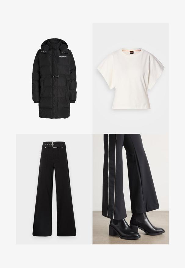 Svart lång vadderad vinterjacka med avtagbar huva, framfickor, dragsko i midjan och "Karl Lagerfeld Jeans"-logotyp på bröstet.; Vit kortärmad T-shirt, korta vida ärmar, mjukt bomullsmaterial, rund halsringning med subtila orange detaljer, minimal design, inga mönster eller grafik.; Svarta vida byxor i bomull med hög midja, stora sidofickor och bälte med silverdetaljer.; Svarta läderankelboots med klack, med elastiska sidopaneler. I kombination med svarta byxor som har en vit sidostrip.