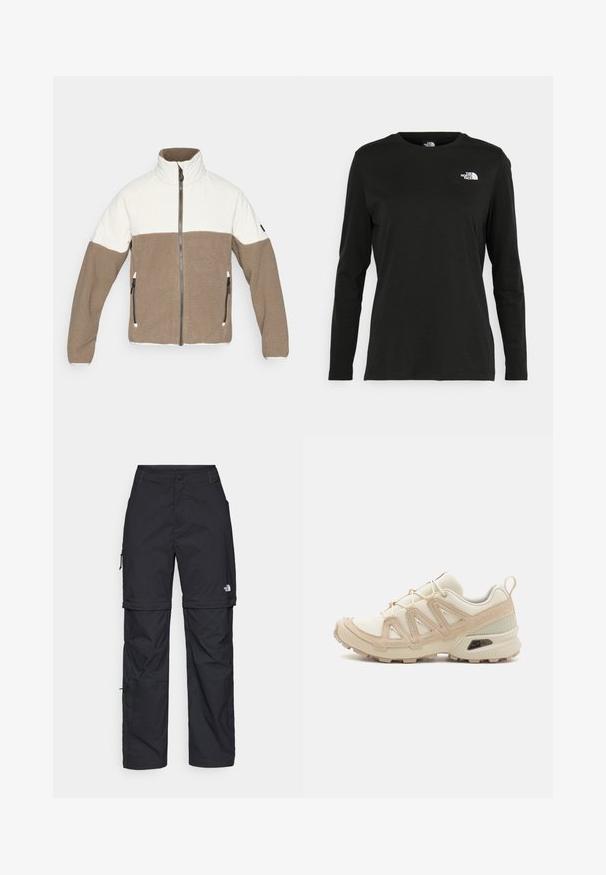 Jaket v rjavo in krem barvi s blokiranjem barv, z teksturiranim flis telesom, visokim ovratnikom in stranskimi zadrgami, ki vključuje gladko zgornjo sekcijo.; Črna majica z dolgimi rokavi iz bombaža z okroglo izrezom. Ima majhen bel logotip na levem prsnem delu. Enostaven dizajn in prileganje.; Črne najlon hlače z zipom, ki se lahko odstranijo, s prilagodljivimi manšetami, več žepi in logotipom na desni nogi. Gladka, lahka tekstura.; Bež in krem športni čevlji z teksturiranim mrežastim zgornjim delom, podpornimi prekrivali in gumijastim podplatom z vzorcem za oprijem.