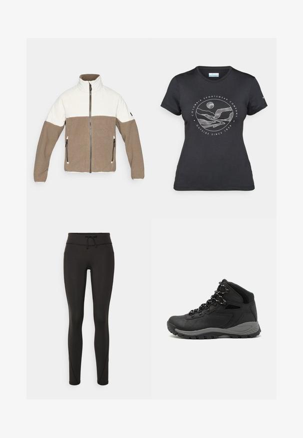 Barna és krémszínű blokkszínezésű dzseki, texturált bolyhos testtel, magas gallérral és oldalsó cipzárakkal, sima felső résszel.; Fekete Columbia póló fehér, kör alakú hegy és folyó vonalrajzzal, valamint a "Columbia Sportswear Company Outside Since 1938" felirattal.; Fekete leggings magas derékkal, zsinórral, sima textúrával és testhezálló kialakítással. Oldalt varrási részletekkel rendelkezik.; Fekete túracipő közepes magasságú kialakítással, texturált felsőrésszel, szürke részletekkel és strapabíró gumitalppal, amelynek tapadós kiemelkedései vannak.