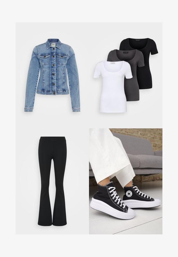 Denimjakna v svetlo modri barvi, z dvema žepoma na prsih, gumbastim zapenjanjem in zbledelim detajlom, prilegajoča se kroja in dolgimi rokavi.; Tri prilegla majica v beli, sivi in črni barvi. Vsaka ima širok izrez na vratu in kratke rokave. Narejene so iz gladkega, raztegljivega materiala.; Črne hlače s širokimi hlačnicami, izdelane iz raztegljive tkanine, z visokim pasom in gladko teksturo. Hlače se širijo od kolena navzdol.; Črni visoki supergi z belimi gumijastimi podplati in vezalkami. Na njih je okrogel logotip in kontrastno belo šivanje. Iz blaga platna.