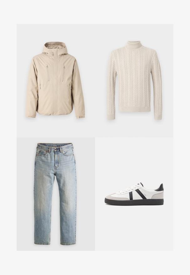 Bež jakna otporna na vodu s kapuljačom, s dva zip zatvarača na prsima i ravnim krojem. Glatka tekstura, podesive manžetne.; Bežani, pleteni pulover s visokim rebrastim okovratnikom. Ima reljefni kabelski uzorak te rebraste manžete i rub, što pruža ugodan izgled.; Svijetloplave traperice visoki struk, prednji gumb, zatvarač i dizajn s pet džepova, položene ravno na neutralnoj pozadini.; Bijele tenisice s crnim i sivim detaljima, s teksturiranim sivim zaštitnikom prstiju, crnim gumene potplate i ravnim bijelim vezicama. Čist dizajn, minimalistički stil.