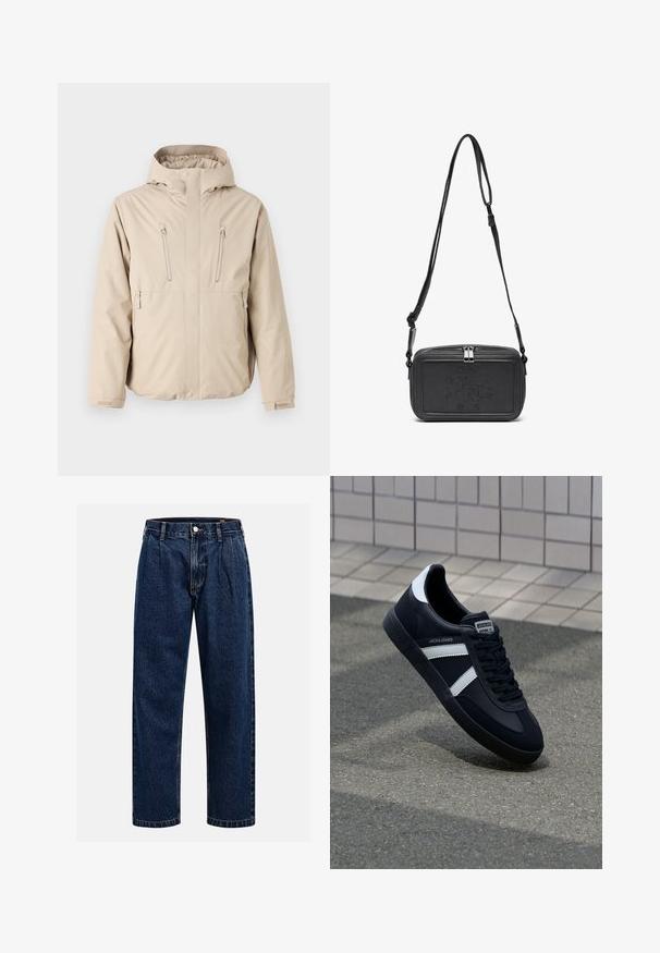 Beige waterproof jacket with a hood, featuring two zippered chest pockets and a straight fit. Smooth texture, adjustable cuffs.; Cream cotton t-shirt with short sleeves and a crew neckline. Features a graphic print in blue and red with text and a motif.; Dark blue denim jeans with a straight-leg design. Features visible stitching, a button closure, and front pleats for added detail.; Black leather sneaker with white stripes, textured rubber sole, and lace-up front. Features a branded label on the tongue.; Black leather crossbody bag with a zip closure, embossed logo on the front, and adjustable strap. Smooth texture with a rectangular shape.