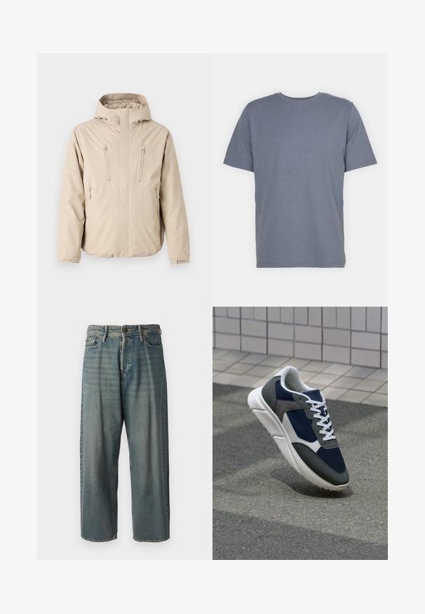 Beige waterproof jacket with a hood, featuring two zippered chest pockets and a straight fit. Smooth texture, adjustable cuffs.; Gray short-sleeve T-shirt with a round neck, made of soft cotton blend fabric. Simple design, no patterns or accents.; Light blue denim jeans with a loose fit, mid-rise waist, and straight legs. Features five pockets, belt loops, and a button closure.; Sneaker featuring a navy blue mesh upper, gray suede accents, white rubber sole, and flat white laces, designed for comfort and breathability.