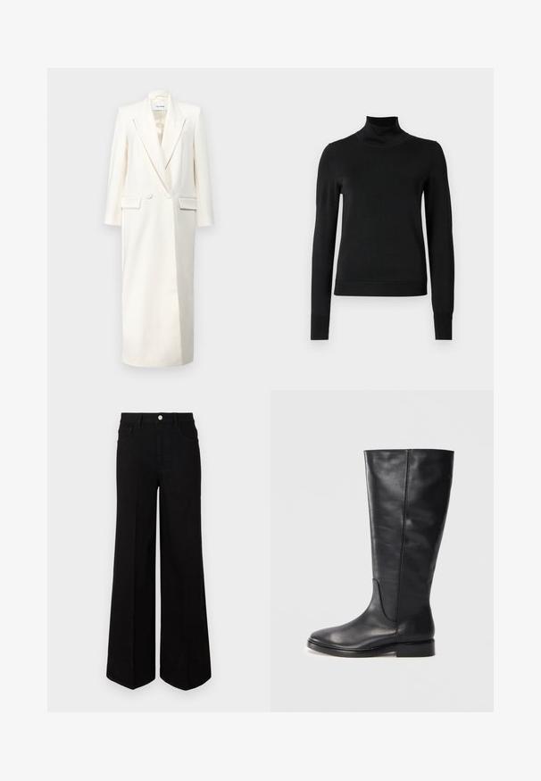 Abito giacca bianco doppiopetto con rever a punta, maniche lunghe e tasche frontali; realizzato in tessuto strutturato con una finitura liscia.; Pullover nero a maniche lunghe con collo alto, rifinito con polsini e orlo a coste, mostrato su uno sfondo bianco semplice.; Jeans neri a gamba larga realizzati in tessuto resistente, con vita alta, tasche frontali e chiusura con bottone anteriore. Orlo piatto sul fondo.; Stivale in pelle nera altezza ginocchio con tacco basso e punta arrotondata, che mostra dettagli di cucitura lungo il gambale e la tomaia.