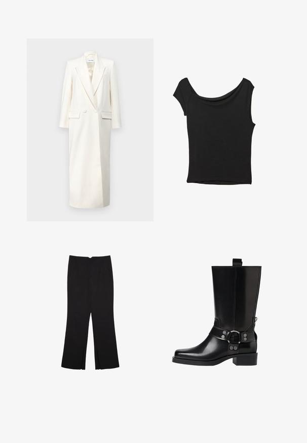 Weißes, doppelt geknöpftes Blazer-Kleid mit spitzen Revers, langen Ärmeln und vorderen Taschen; aus strukturiertem Stoff mit glatter Oberfläche gefertigt.; Schwarzes Kurzarmoberteil aus glattem Stoff; hat einen drapierten Ausschnitt und einen asymmetrischen Saum, mit einem figurbetonten Körper.; Schwarze Hose mit geradem Schnitt, ausgestattet mit Fronttaschen und Seitenschlitzen am Saum. Hergestellt aus weichem, glattem Stoff. Geeignet für verschiedene Anlässe.; Schwarze Lederstiefel bis zum Knie mit spitzer Zehenform, silbernen Schnallenakzenten und einem klobigen Absatz. Verfügt über eine Zuglasche für einfaches Anziehen.