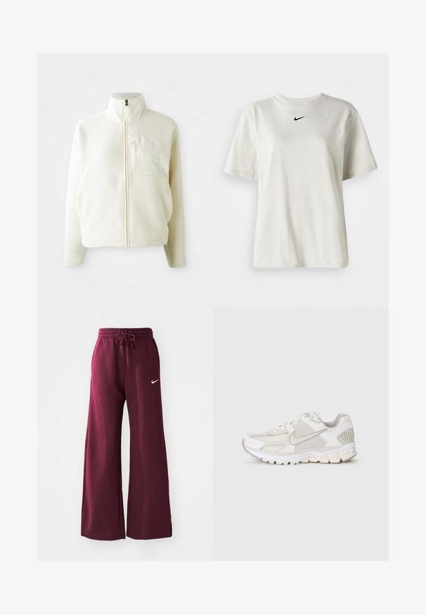 Valge fliisjakk kõrge kraega, täispikkade tõmblukkudega ja rinnataskuga. Pehme tekstuur ja juhuslik disain.; Valge puuvillane T-särk, millel on ümmargune dekoltee ja lühikesed varrukad. Rinnal on väike must Nike logo. Lihtne ja kaunistusteta disain.; Burgundy laiadeguri dressipüksid pehmest kangast, millel on elastne vöökoht koos nööriga ja valge Nike logo vasakul poolel.; Valge spordijalats, mis on valmistatud võrkpinnast ja sünteetilistest materjalidest. Omab tekstuurset disaini, pehmendatud kaelaosasid ja geomeetrilisi aktsente kannal.