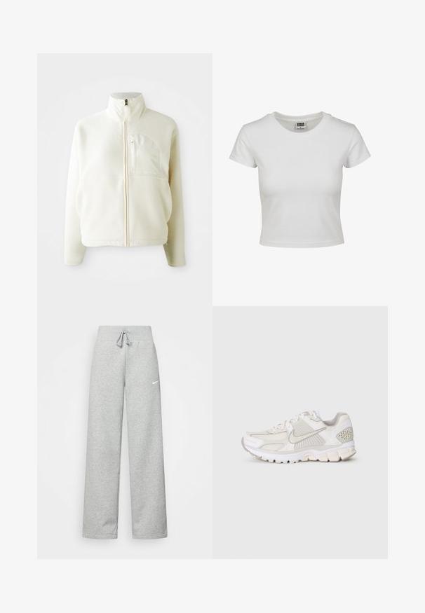 Balti flišinis švarkas su aukštu apykakle, pilnu užtrauktuku ir krūtine kišene. Minkšta tekstūra ir laisvalaikio stilius.; Balta medvilnės marškinėliai su klasikiniais apykakle, trumpomis rankovėmis ir prigludusia forma. Nėra matomų raštų ar akcentų.; Pilkos sportinės kelnės su elastine juostele, su raišteliu ir mažu baltu Nike logotipu kairėje šlaunies pusėje. Minkšta medžiaga, laisvas pritaikymas.; Baldos spalvos sportinė avalynė, pagaminta iš tinklinės ir sintetinės medžiagos. Yra su tekstūruotu dizainu, paminkštintu apvadu ir geometriniais akcentais ant kulno.