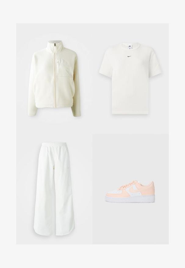 Bela flis jakna z visokim ovratnikom, polnim zadrgo in žepom na prsih. Mehka tekstura in sproščen dizajn.; Bela rebrasta majica s okruglim izrezom i kratkimi rukavi. Ima mali crni Nike logo na prsima. Tekstilirani materijal s prilagođenim oblikom.; Bela športna hlače širokega kroja z rebrastim pasom in diskretno logotipno podrobnostjo. Gladek material z sproščenim krojem in zoženim robom.; Nike Air Force 1 teniske imajo bel usnjeni zgornji del z mehkimi roza poudarki. Guma podplat je teksturiran za boljši oprijem. Klasična zasnova in vezalni sistem.