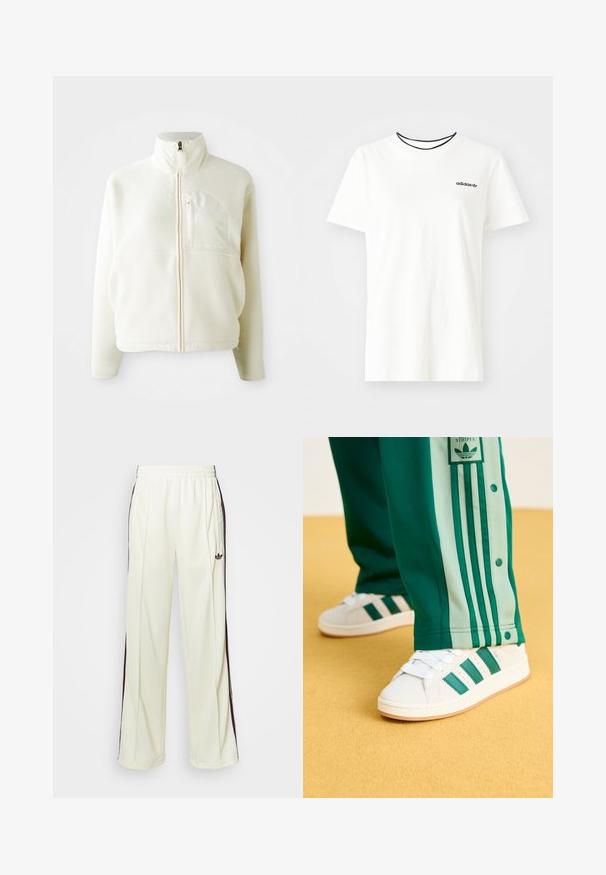White fleece jacket with a high collar, full zip closure, and a chest pocket. Soft texture and casual design.; White cotton t-shirt with short sleeves and a round neckline. Features a black Adidas logo on the chest and a contrasting black inner collar.; Cream-colored sweatpants with a relaxed fit, featuring dark brown side stripes and an embroidered logo on the left thigh.; White sneakers with green stripes, rubber sole, and textured upper, paired with green track pants featuring light green side stripes and snap buttons.