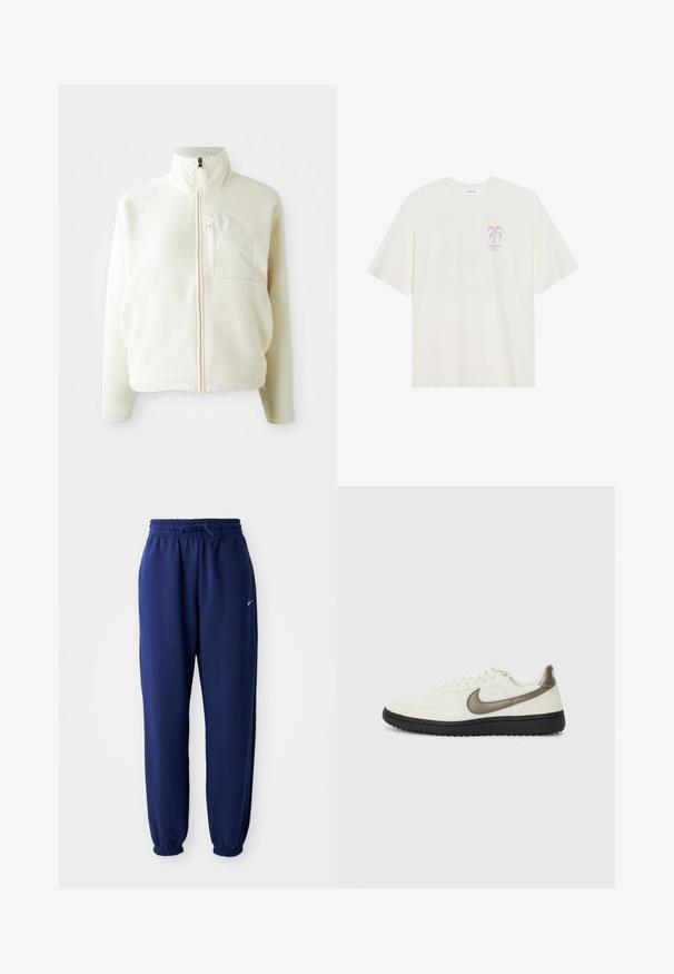 Λευκή φλις ζακέτα με ψηλό γιακά, πλήρες φερμουάρ και τσέπη στο στήθος. Μαλακή υφή και καθημερινός σχεδιασμός.; Κρέμα μπλουζάκι φτιαγμένο από μαλακό ύφασμα με γραφικό μιας μωβ παλμιάς και κείμενο "SUNSHINE CLUB" μπροστά. Τετράγωνη εφαρμογή, κοντά μανίκια.; Σκούρες μπλέ φόρμες από μαλακό ύφασμα, με ελαστική μέση και κορδόνι, ελαστικές μανσέτες και ένα μικρό λευκό λογότυπο.; Nike Sportswear FIELD GENERAL - Αθλητικά παπούτσια - off-white/black