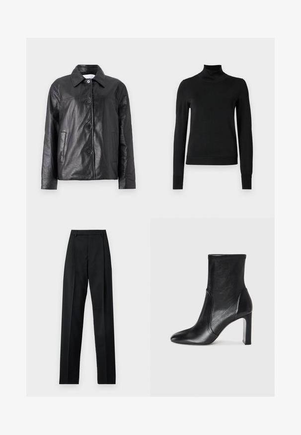 CLOSED STRAIGHT JACKET - Leather jacket - black; Black long-sleeve turtleneck sweater with ribbed cuffs and hem, displayed on a plain white background.; Black trousers made from smooth fabric featuring a high waist, wide legs, front pleats, and classic belt loops. No side pockets visible.; Black leather ankle boot with a sleek design, pointed toe, and a high block heel. Features smooth texture and minimalistic stitching detail.