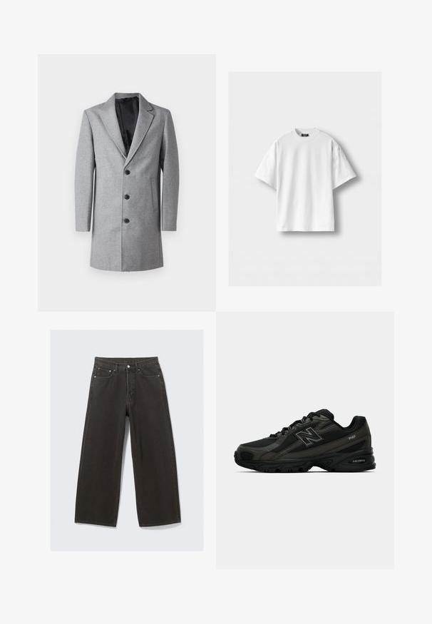 Szürke gyapjú overál, kihajtott gallérral, egy gombos záródással és két oldalsó zsebbel. Simító fekete bélés és szabott fazon.; Fehér pamut póló rövid ujjakkal, kerek nyakkivágású és laza fazonú. Sima textúra, minta vagy díszítés nélkül.; Olíva zöld, gombos elülső résszel ellátott, pamut dzseki, hegyes gallérral és négy zsebbel. Lazább szabású és puha tapintású.; A széles lábú fekete farmernadrág magas derékkal, öt zsebes dizájnnal és gombos záródással rendelkezik. Az anyag puha, textúrált felületű.; Fekete sportcipők, textúrált szintetikus felsőrészsel, párnázott talppal és kiemelkedő "N" logóval az oldalon. A dizájn könnyű hálós részeket is tartalmaz.